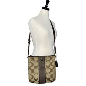 Coach Signature Striped Shoulder Crossbody Bag Classic Brown